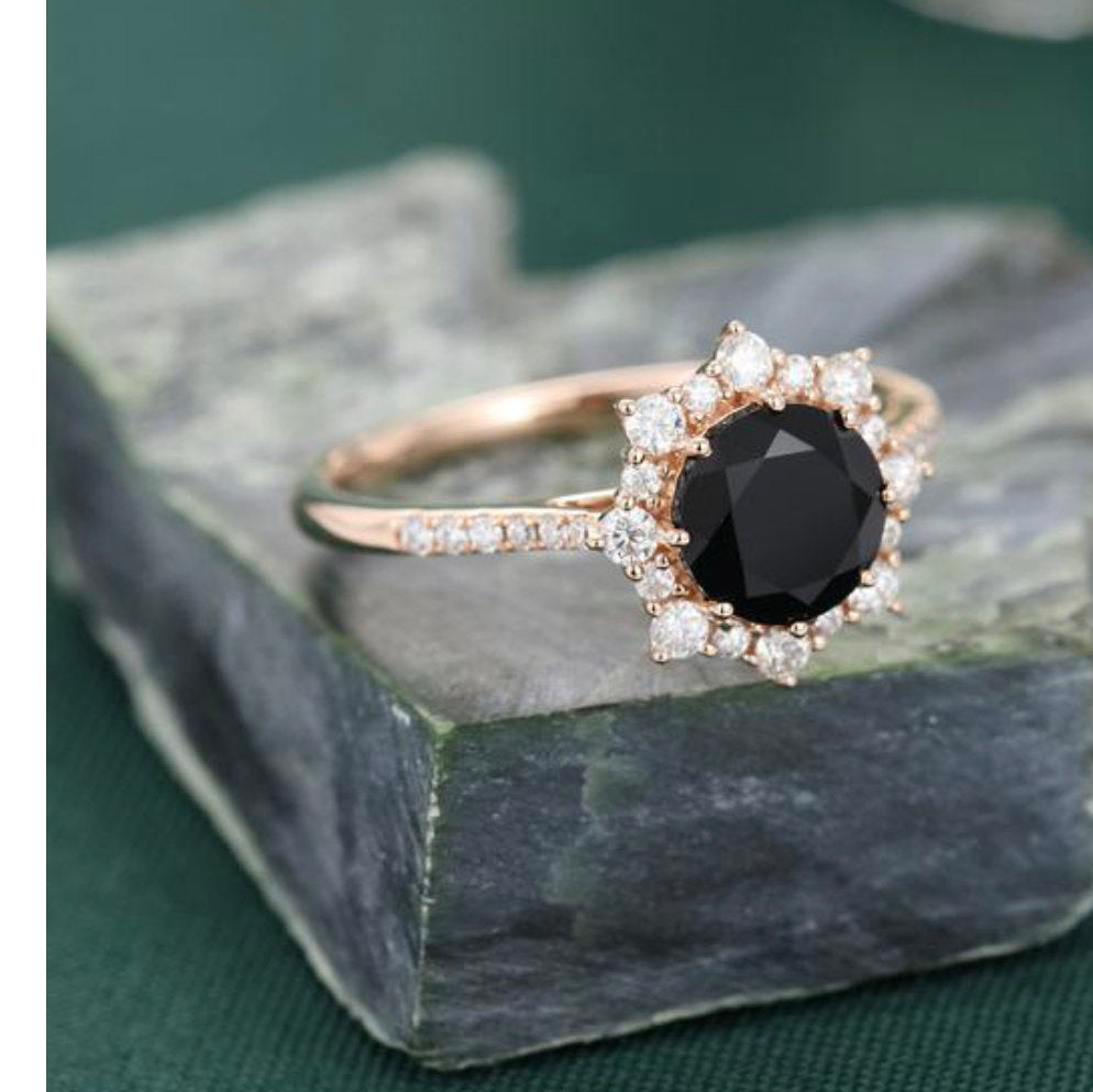 Black onyx  engagement ring set, vintage inspired diamond ring , halo diamond/Moissanite half eternity wedding women Bridal Anniversary gift