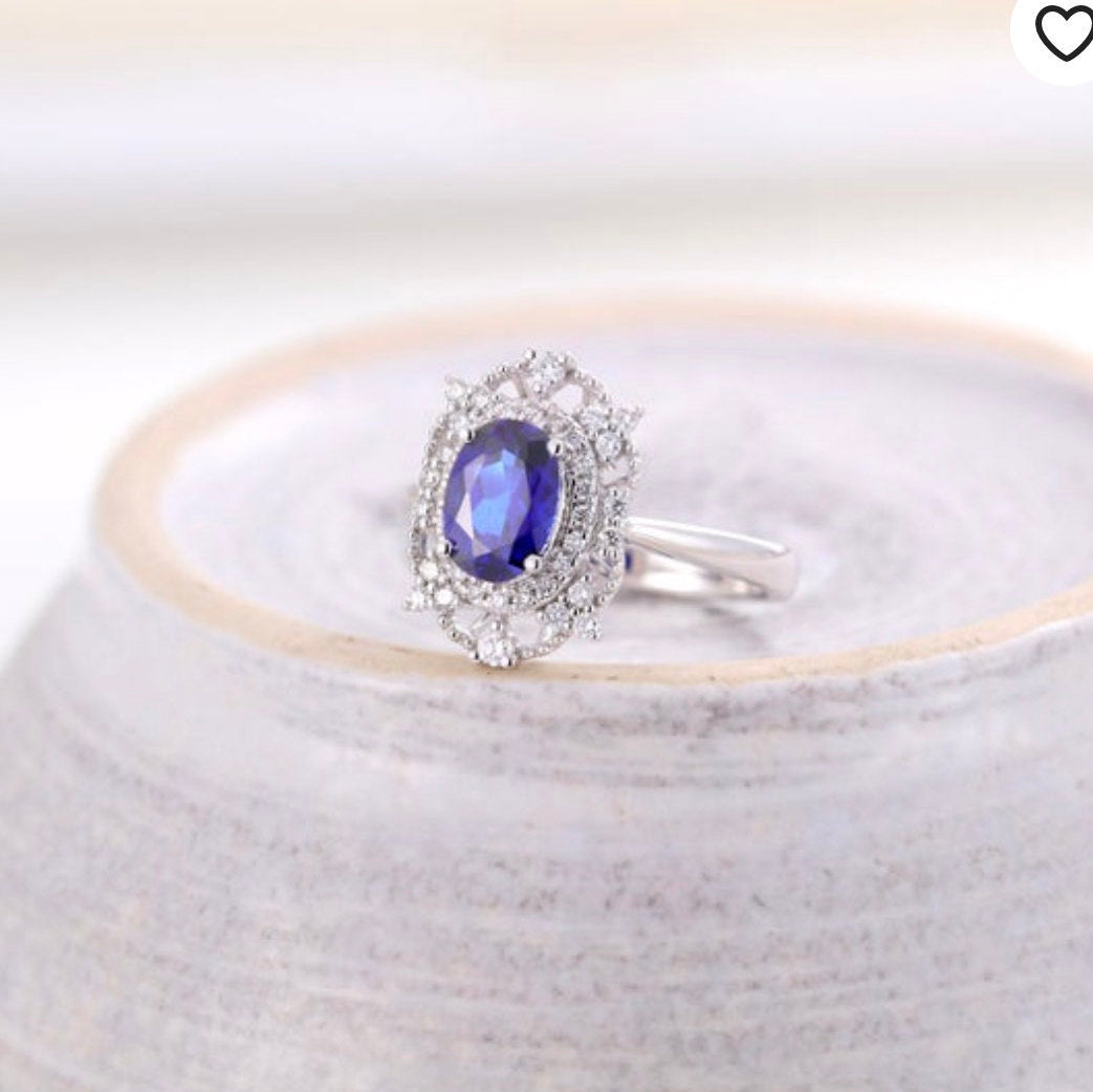 Vintage sapphire engagement ring set, Handmade jewelry, women white gold antique Art Deco unique halo diamond Ring gift for her