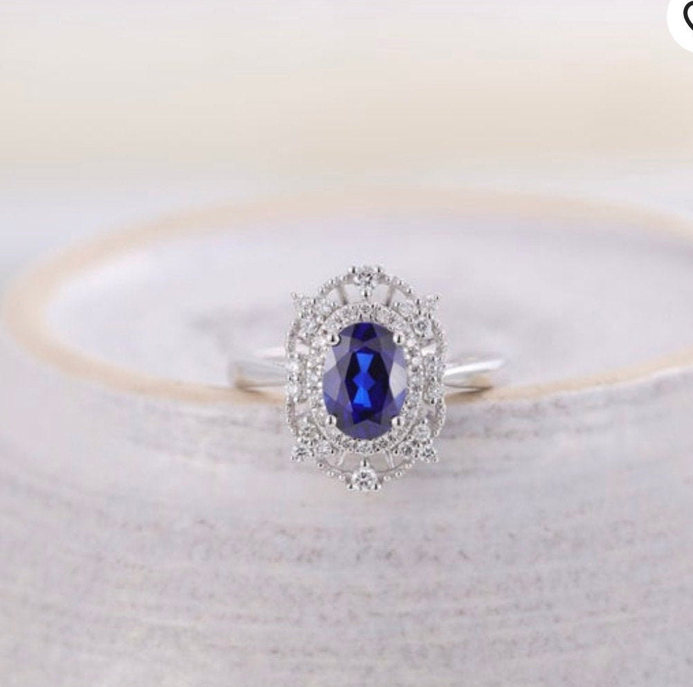 Vintage sapphire engagement ring set, Handmade jewelry, women white gold antique Art Deco unique halo diamond Ring gift for her