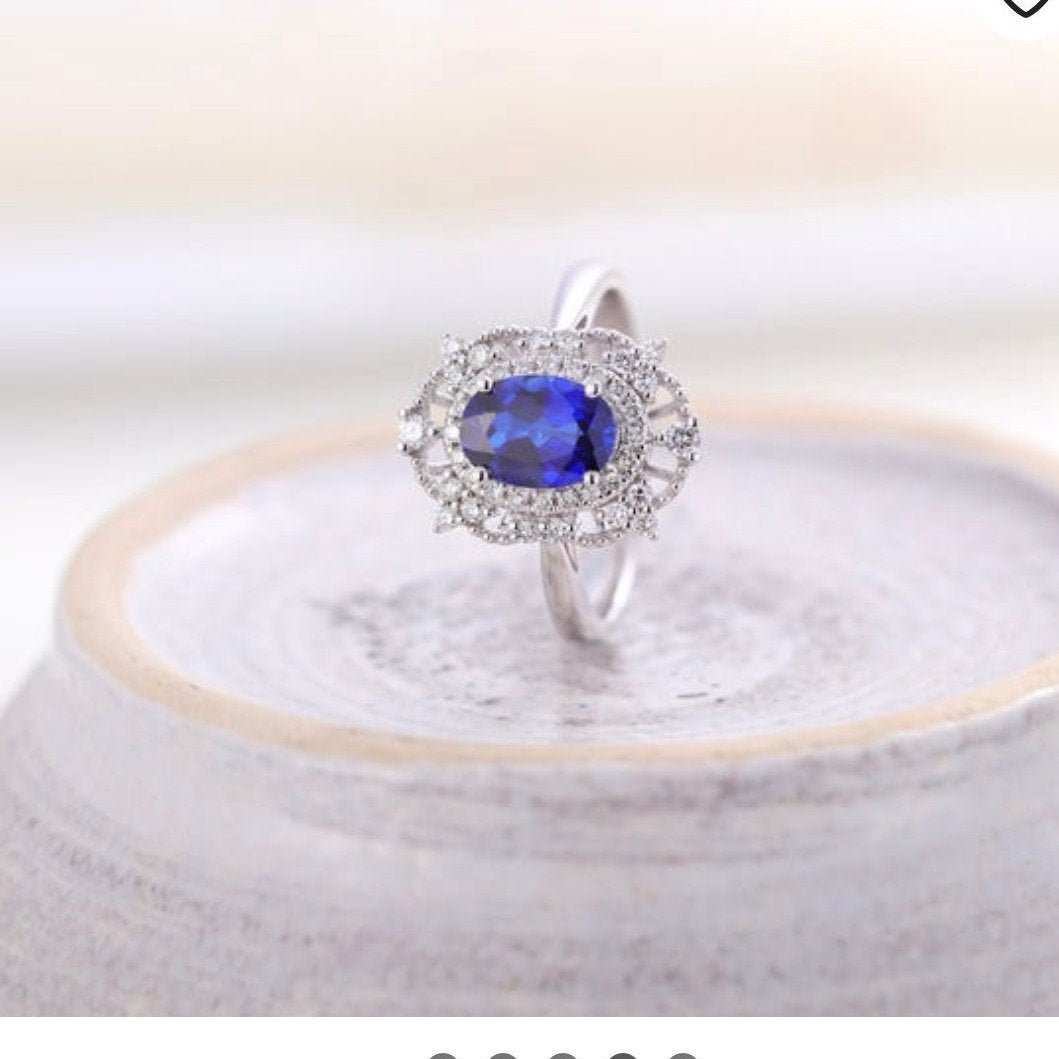 Vintage sapphire engagement ring set, Handmade jewelry, women white gold antique Art Deco unique halo diamond Ring gift for her