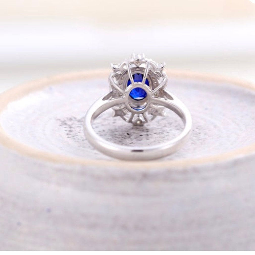 Vintage sapphire engagement ring set, Handmade jewelry, women white gold antique Art Deco unique halo diamond Ring gift for her