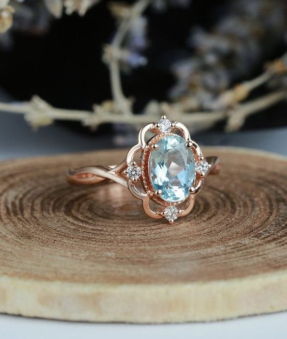 Aquamarine engagement ring set,vintage inspired ring,rose gold oval cut antique delicate diamond half eternity wedding ring