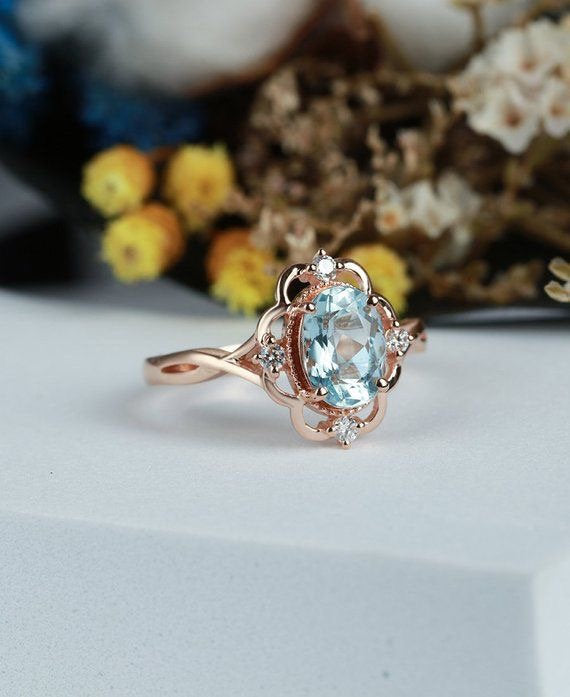 Aquamarine engagement ring set,vintage inspired ring,rose gold oval cut antique delicate diamond half eternity wedding ring