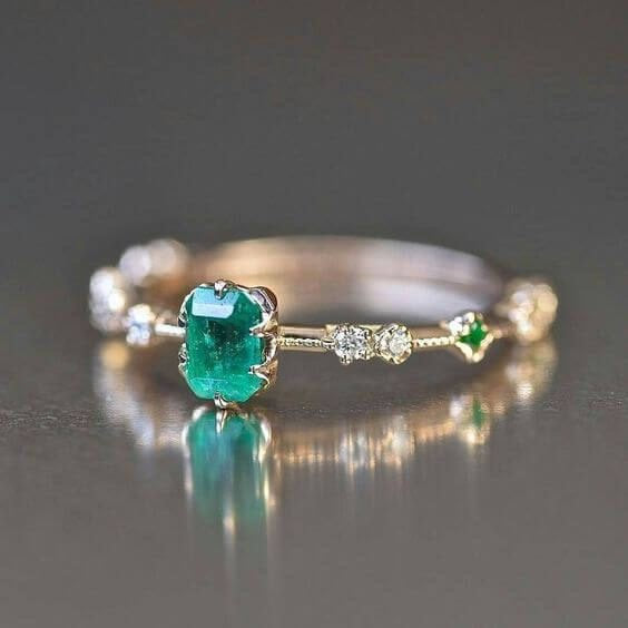 Emerald diamond engagement ring set,May birthstone Handmade jewelry