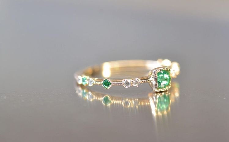 Emerald diamond engagement ring set,May birthstone Handmade jewelry