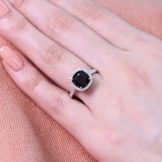 Black moissanite halo diamond ring set,onyx wedding band ring ,promise ring ,Handmade Jewelry,black ring for women