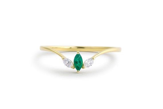 Marquise Emerald Ring/14k Marquise Emerald and Marquise Diamond Ring ,Natural Emerald