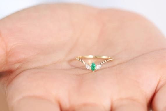 Marquise Emerald Ring/14k Marquise Emerald and Marquise Diamond Ring ,Natural Emerald