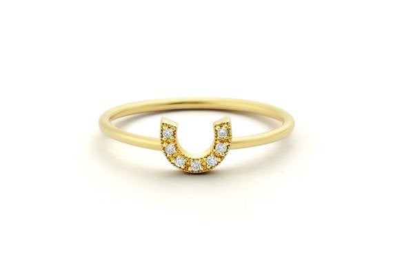 14k Horseshoe Ring with Round Cut White Diamonds/Handmade Stackable Good Luck Round Diamond Ring/ Graduation Gift