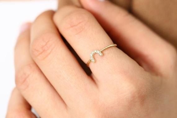 14k Horseshoe Ring with Round Cut White Diamonds/Handmade Stackable Good Luck Round Diamond Ring/ Graduation Gift