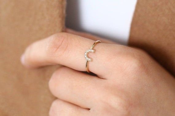 14k Horseshoe Ring with Round Cut White Diamonds/Handmade Stackable Good Luck Round Diamond Ring/ Graduation Gift