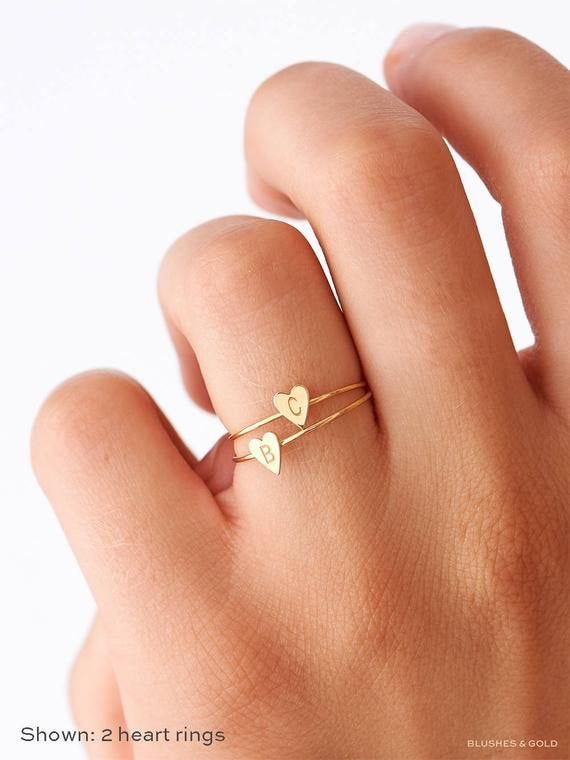 Dainty Initial Ring, Personalized Heart Ring, Gold Stacking Custom Initials, Personalized Sterling Silver Initials Ring, Gift for Her, Mom