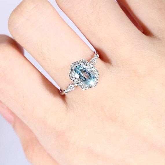 Aquamarine engagement ring,Art Deco vintage engagement ring