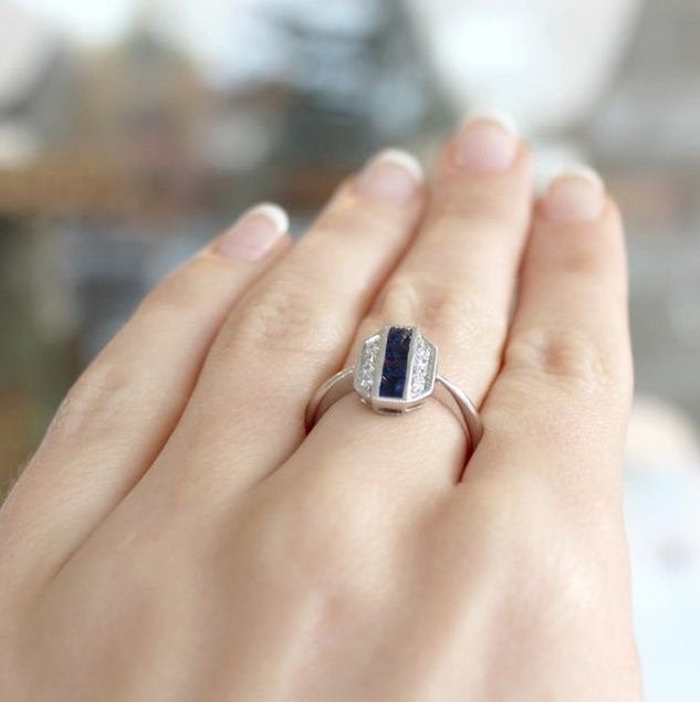 art deco ring,White gold sapphire ring for gift,art deco sapphire ring,art deco enagement ring,sapphire irng,sapphire stacking ring,sapphire