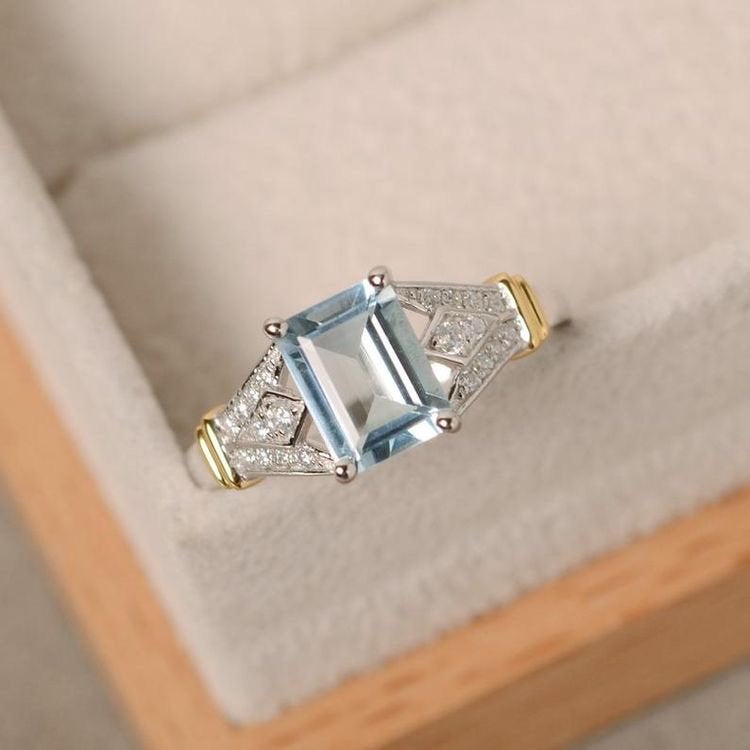 Aquamarine ring, yellow gold, sterling silver, emerald cut gemstone, claw ring