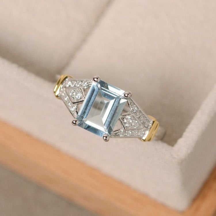 Aquamarine ring, yellow gold, sterling silver, emerald cut gemstone, claw ring