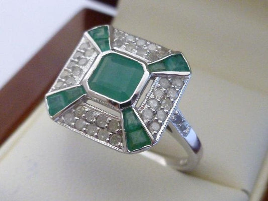 Vintage Emerald Ring Art Deco 9ct 9K  Diamond Antique Women Ring Ladies Victorian Custom Handmade