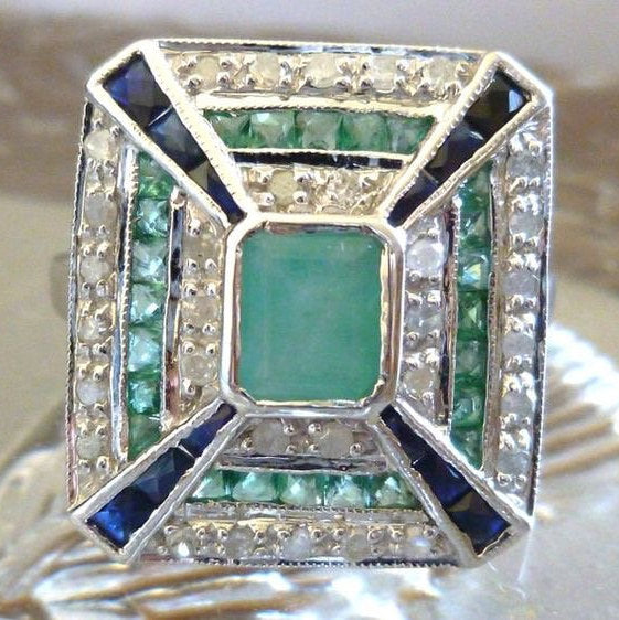 Art deco Emerald sapphires diamond ring