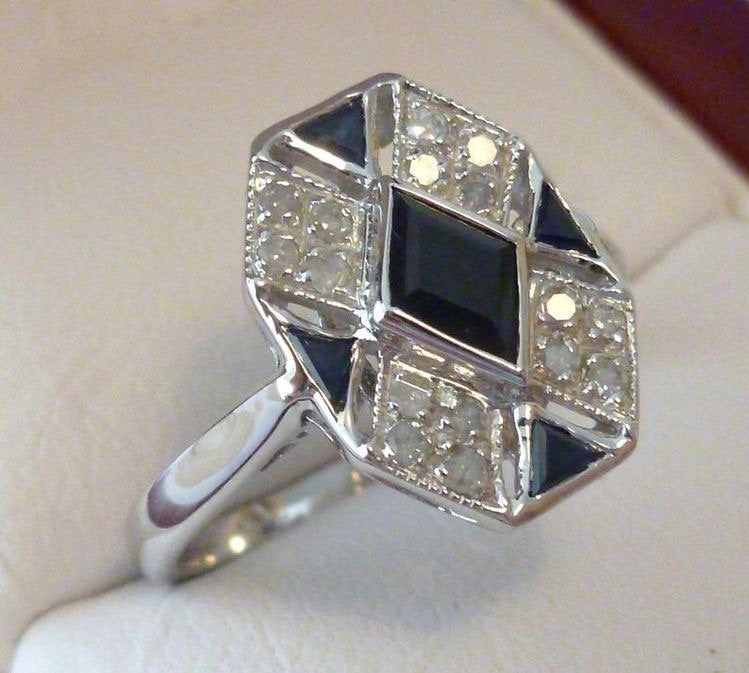 Art Deco Sapphire Ring, Vintage Sapphire Ring, 9ct 9k Solid White Gold, Also Avail 10K 14K 18K, Diamond Ring, Womens Anniversary