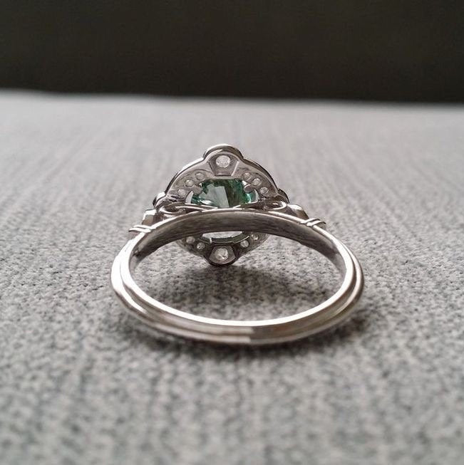 Estate Halo ring, Blue Green Moissanite ring Antique Engagement Ring, Victorian Art Deco diamond,Mint Edwardian ,14K White Gold