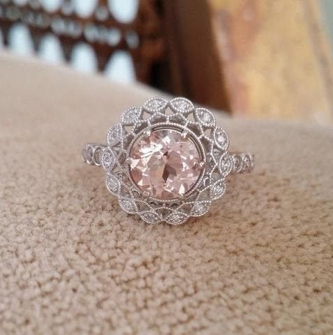 Halo Morganite Diamond Ballerina Antique Engagement Ring Gemstone Flower Filigree Pink Peach Blush Round 14K White Gold Vintage "The Mae"