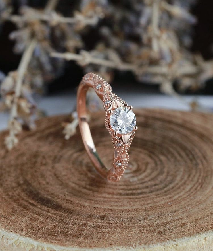 Moissanite engagement ring Vintage women Milgrain rose gold round cut diamond Art deco Unique wedding Jewelry promise Anniversary gift