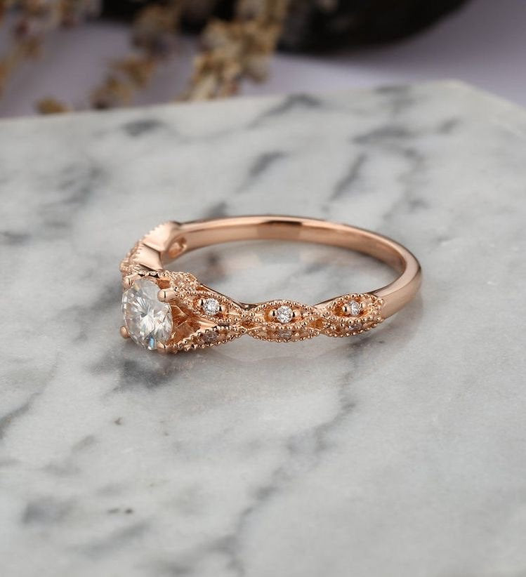 Moissanite engagement ring Vintage women Milgrain rose gold round cut diamond Art deco Unique wedding Jewelry promise Anniversary gift