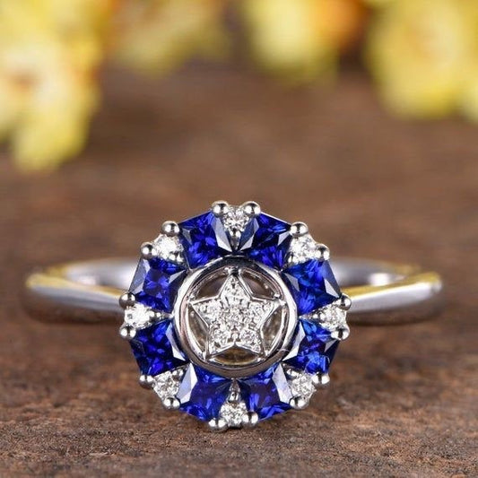 Natural Sapphire Engagement Ring 14K White Gold Floral Flower Wedding Ring Blue Sapphire Ring Diamond Wedding Band Promise Ring Women Ring