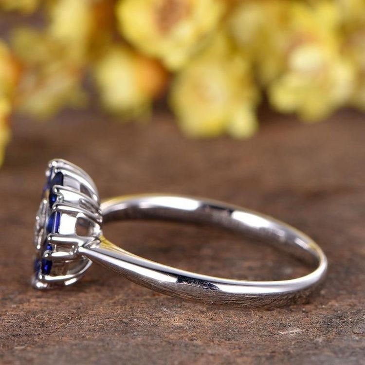 Natural Sapphire Engagement Ring 14K White Gold Floral Flower Wedding Ring Blue Sapphire Ring Diamond Wedding Band Promise Ring Women Ring