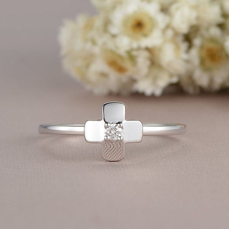 White Gold Diamond Engagement Ring Cross Shape Promise Unique Solitaire Simple Minimalist Thin Anniversary Gift For Her Women