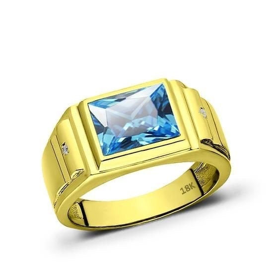 Mens Solid 18K Gold Blue Topaz Gemstone Ring Natural Diamond Accents A