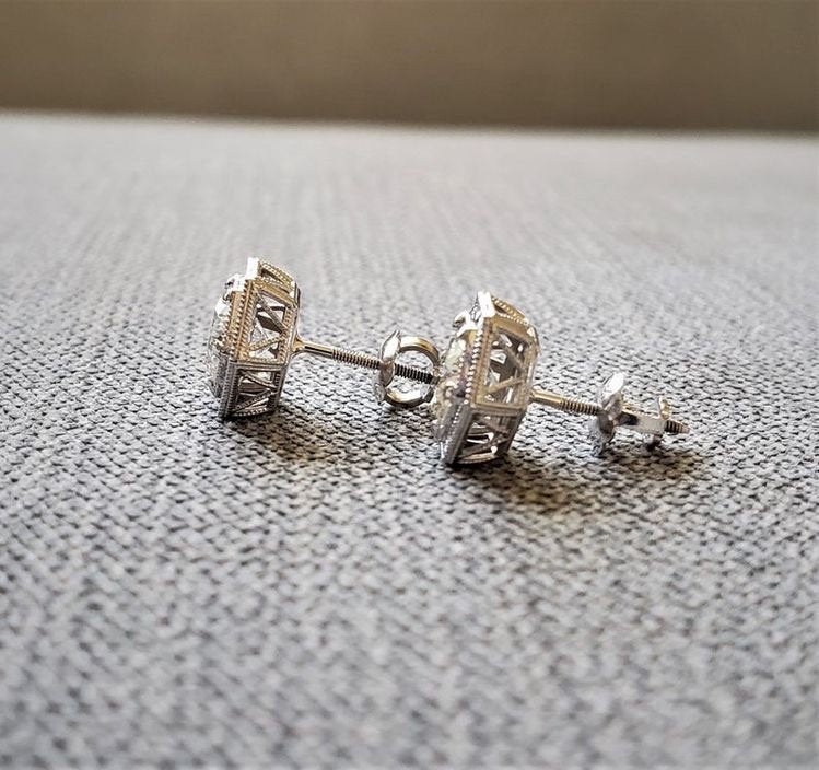 Antique Old European Cut Moissanite Art Deco Earrings Anniversary Birthday Diamond Studs 14K White Gold "The Gatsby"