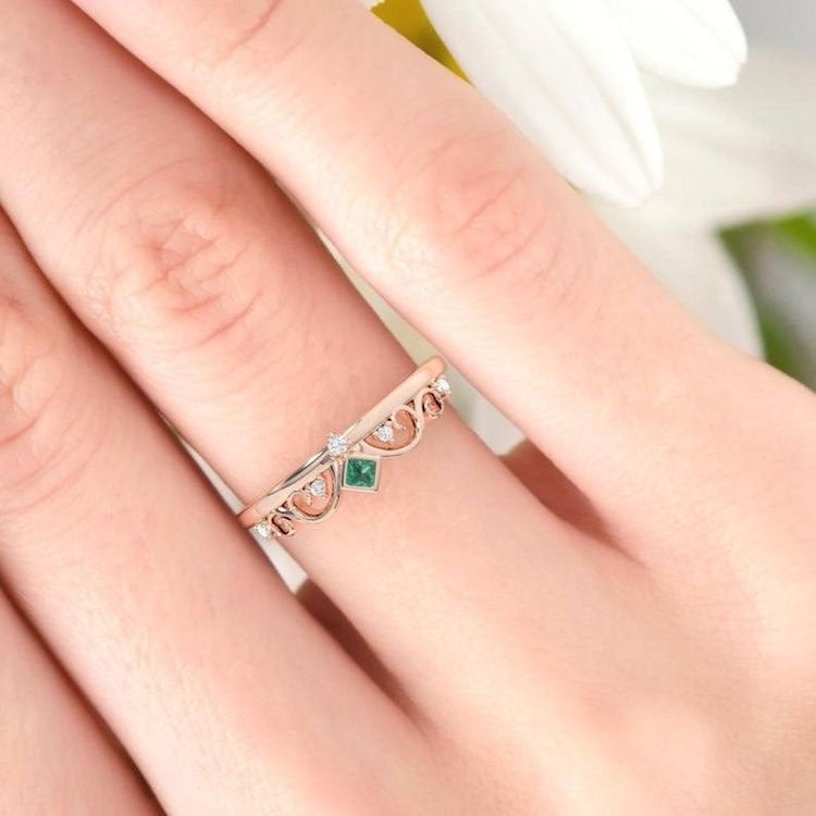 Emerald ring. Diamond engagement ring. Rose gold tiara crown ring. Rose gold ring.