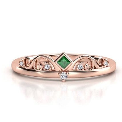 Emerald ring. Diamond engagement ring. Rose gold tiara crown ring. Rose gold ring.