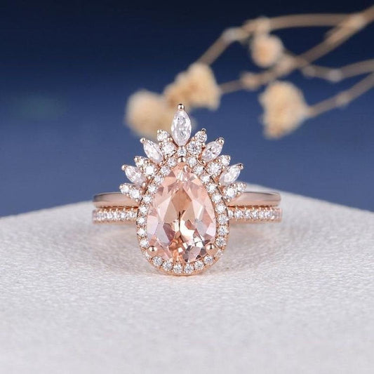 Cluster Engagement Ring Set ,Rose Gold 2ctring, Pear Shaped Morganite Engagement Ring ,Unique Bridal Set ,Stacking Ring, Antique Ring 2pcs