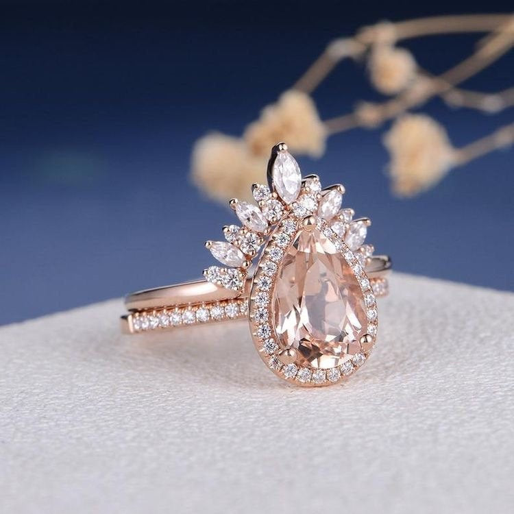 Cluster Engagement Ring Set ,Rose Gold 2ctring, Pear Shaped Morganite Engagement Ring ,Unique Bridal Set ,Stacking Ring, Antique Ring 2pcs