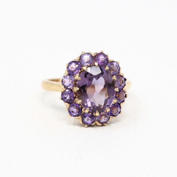 Genuine Amethyst Ring - Vintage 9k Yellow Gold Purple Gem Cluster Statement - 1940s Size 6 1/4 Halo 2.5 CT February Birthstone Fine Jewelry