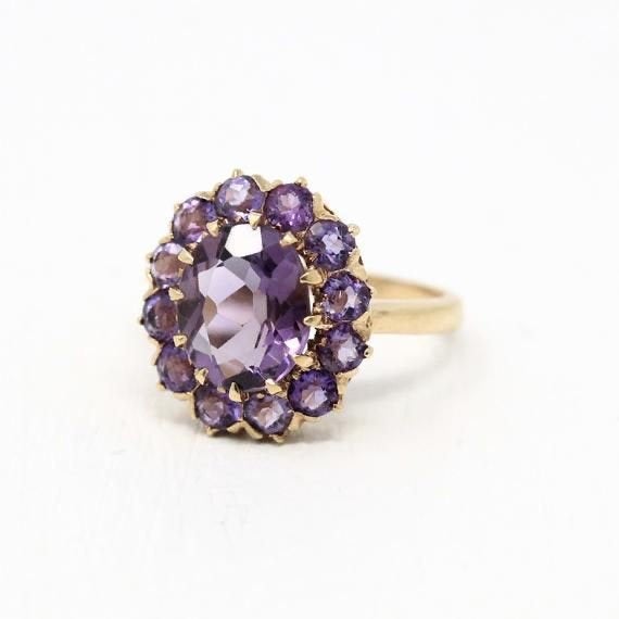 Genuine Amethyst Ring - Vintage 9k Yellow Gold Purple Gem Cluster Statement - 1940s Size 6 1/4 Halo 2.5 CT February Birthstone Fine Jewelry