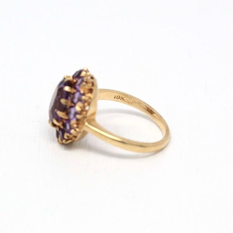 Genuine Amethyst Ring - Vintage 9k Yellow Gold Purple Gem Cluster Statement - 1940s Size 6 1/4 Halo 2.5 CT February Birthstone Fine Jewelry