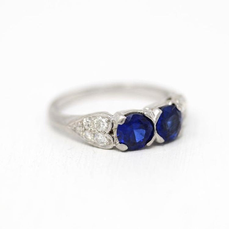 Two Stone Ring - Antique Art Deco Lab Created Sapphire & Diamond Wedding - Vintage Size 7 1/2 Vintage 1930s Blue Gem Fine Jewelry