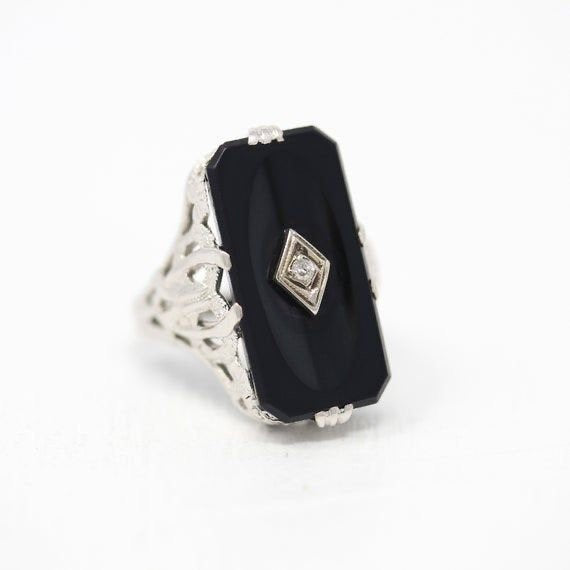 Vintage engagement Ring,black onyx engagement ring,Antique Art deco 1920s ring,promise Anniversary ring