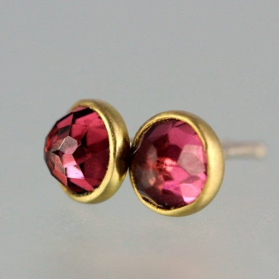 Garnet Studs - Rose Cut Garnet 14 KT Gold Studs - Rose Cut Garnet Gold Studs - Rhodolite Garnet Yellow Gold Post Earrings - Pink Garnet