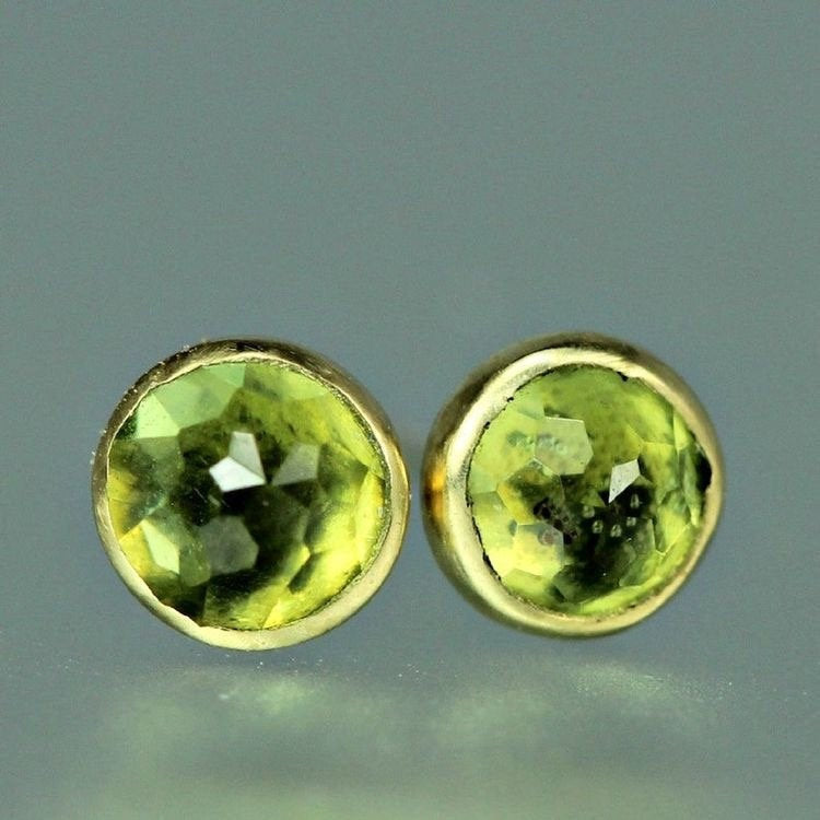 Peridot Gold Studs - Rose Cut Peridot Studs - Gold Gem Studs - Rose Cut Peridot Yellow Gold Post Earrings