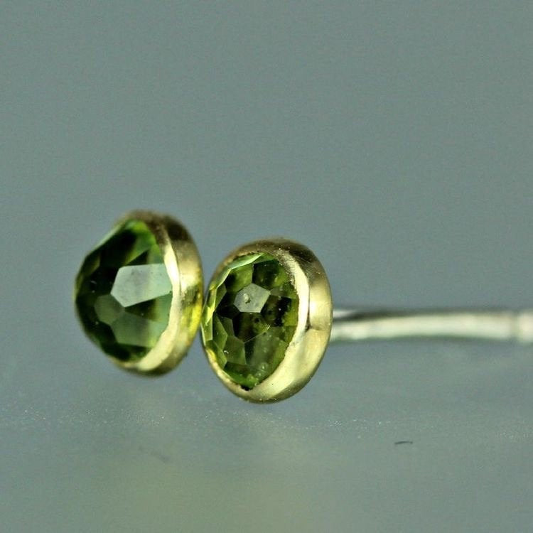 Peridot Gold Studs - Rose Cut Peridot Studs - Gold Gem Studs - Rose Cut Peridot Yellow Gold Post Earrings