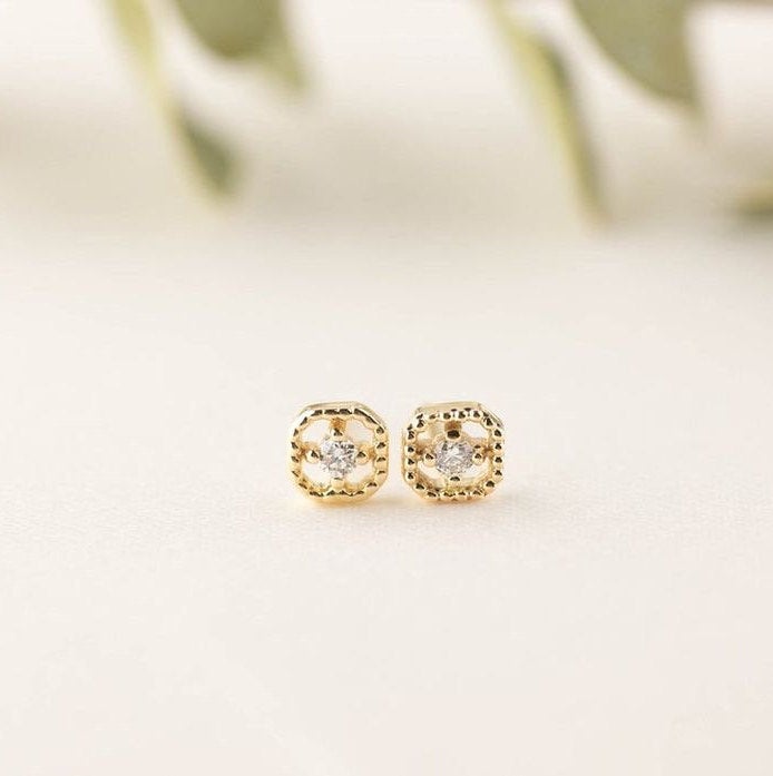 14k gold diamond stud earrings, 2mm white diamonds, natural genuine diamond rose gold earring, white gold jewelry, dainty studs