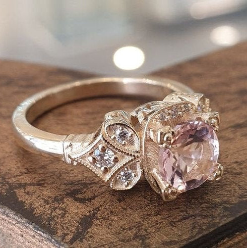 Vintage Engagement Ring, Pink Morganite ring,14k White Gold ring, Unique Engagement Ring For Women, Art Deco Ring,promise Anniversary ring