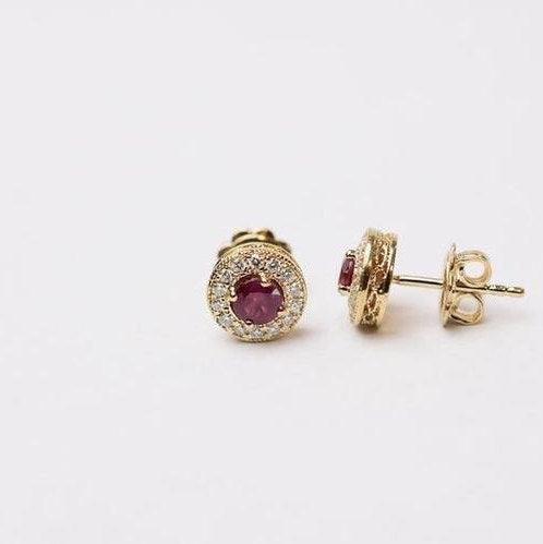 Ruby Diamond Earrings/14k Gold Ruby Diamond Studs/Ruby Diamond Cluster Earrings/Gold Diamond Ruby Earrings/July Birthstone