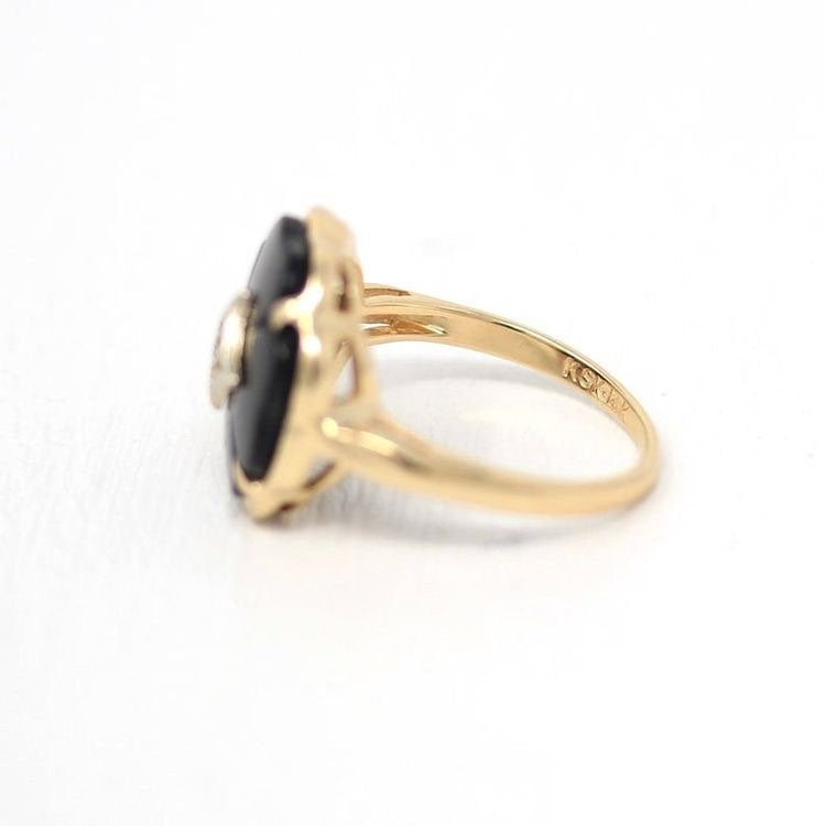 Sale - Onyx Clover Ring - Vintage Retro 14k Yellow Gold Black Onyx Diamond - 1940s Mid Century Four Leaf Clover Size 4 1/4 Fine Jewelry