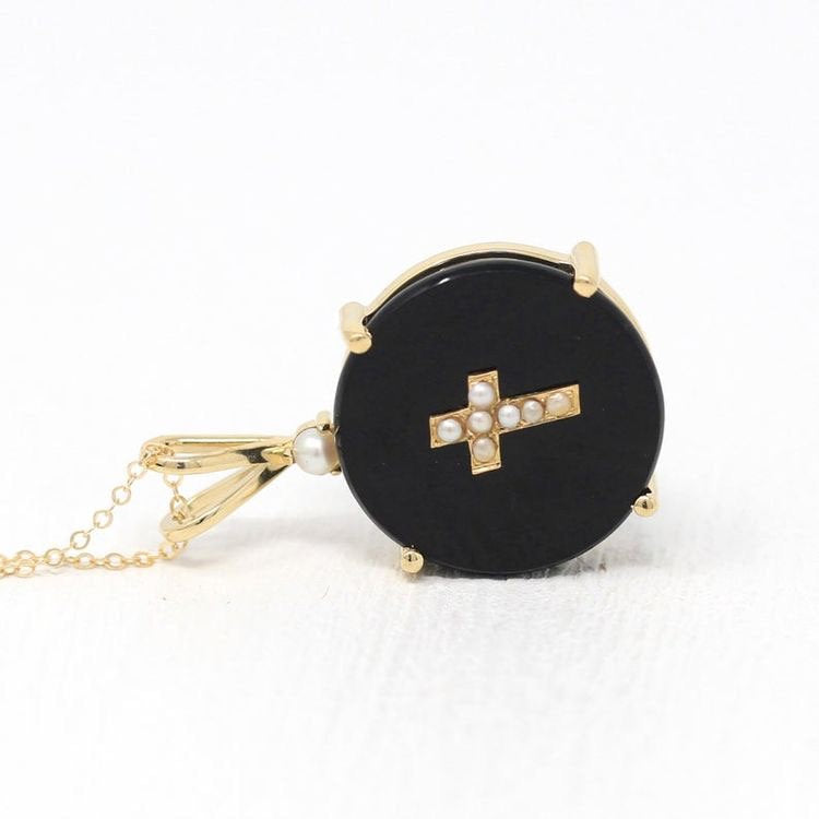 Sale - Onyx Cross Pendant - Antique Seed Pearl 14k Yellow Gold Victorian Necklace - Vintage Black Gemstone Statement Religious Fine Jewelry