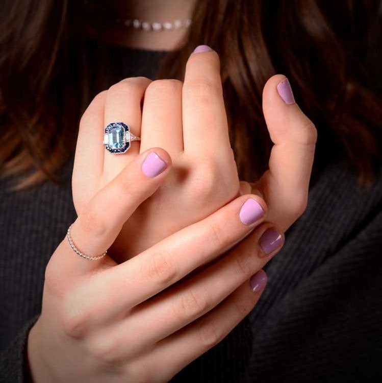 Aquamarine Engagement Ring - Hand-Crafted Platinum Ring with Sapphire and Diamond Accents.